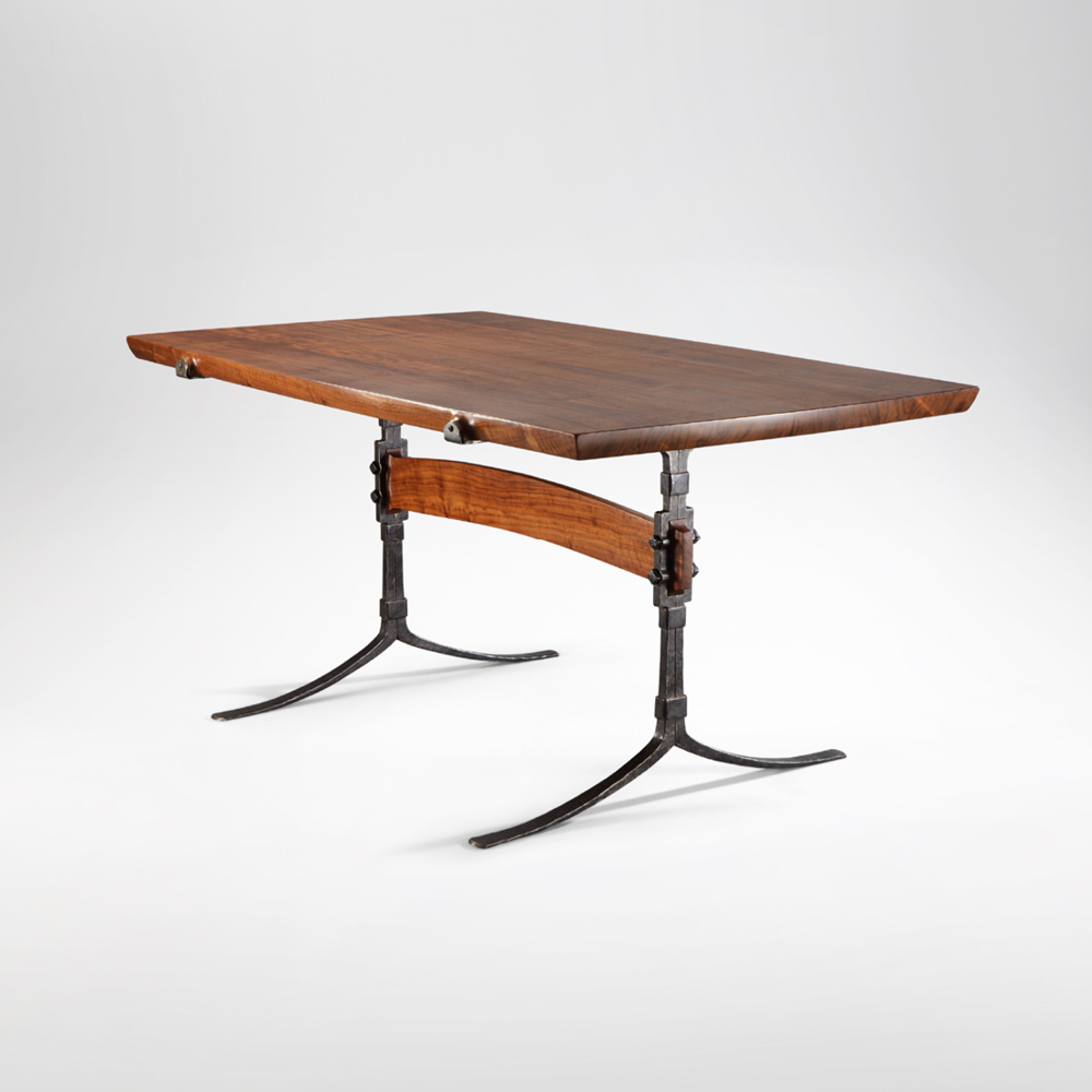 Side angle view of our hand-crafted Sandhill Table w/ hand-forged iron legs