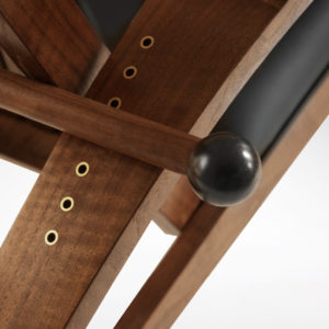 Close-up of handmade adjustment lever to adjust the back on the Martinez Recliner
