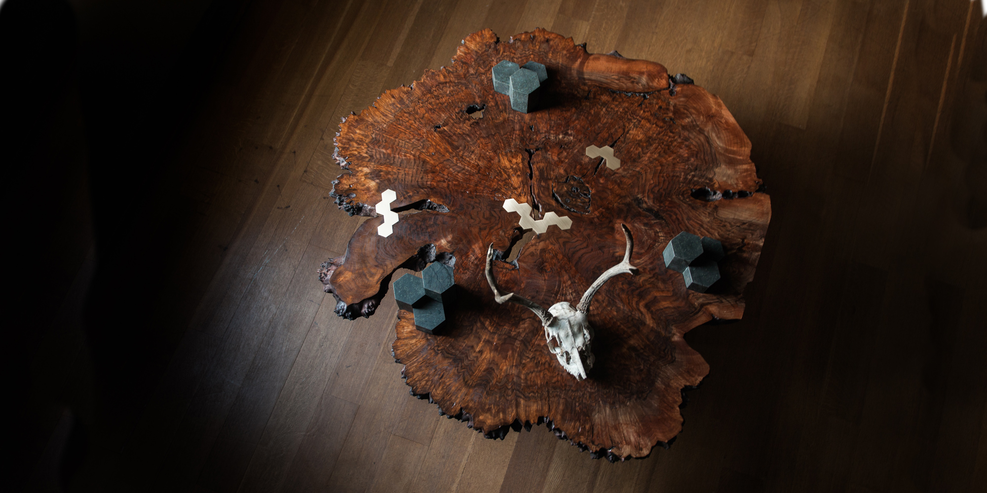 Top view of our custom Columnar Coffee Table w/ Basalt Base