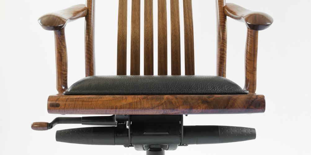 Custom movement & locking mechanisms on our handmade Niobrara Office Chair w/ hand-sewn custom upholstery