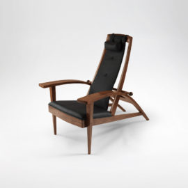 Front angle view of handmade Martinez Recliner w/ handcrafted upholstery