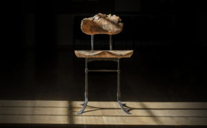 Live edge burl on our custom handmade Sandhill Side Chair w/ hand-forged iron